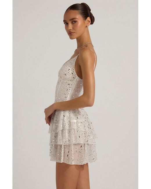 Oh Polly White Embellished Ruffled Tiered Mini Dress
