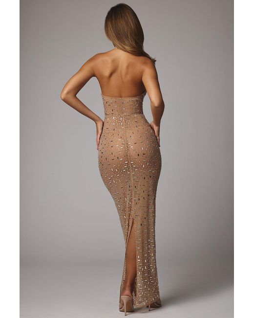 Oh Polly Natural Sheer Embellished High Neck Evening Gown