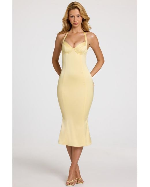 Oh Polly Yellow Satin Sweetheart Bustier Fishtail Midaxi Dress