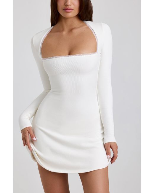 Oh Polly White Ribbed Modal Lace-Trim Mini Dress