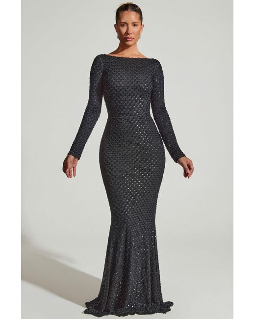 Oh Polly Black Embellished Open-Back Gown