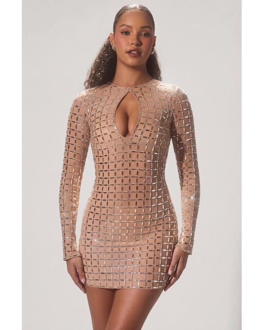 Oh Polly Natural Embellished Semi-Sheer Cut-Out Mini Dress