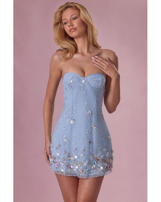 Oh Polly Blue Embellished Bandeau Mini Dress