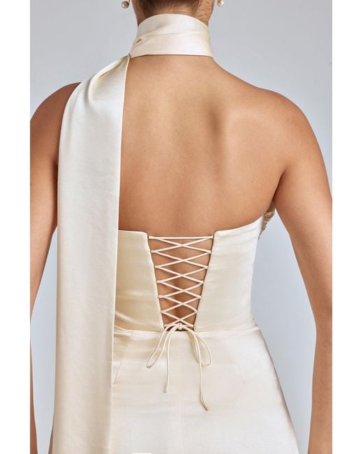 Oh Polly White Draped Halterneck Satin Mini Dress