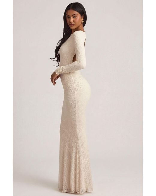 Oh Polly White Ruched Backless Lace Maxi Dress