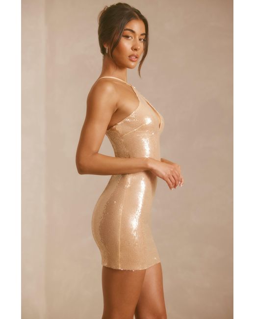 Oh Polly Natural Sheer Sequin Asymmetric Cut Out Mini Dress