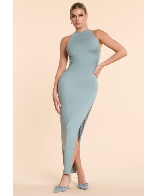 Oh Polly Blue High Neck Racerback Ruched Modal Cashmere Blend Maxi Dress