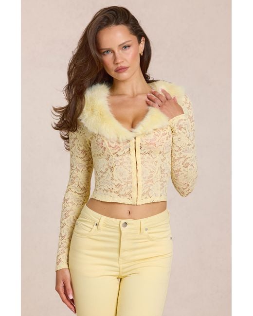 Oh Polly Yellow Lace Faux-Fur-Trim Cardigan