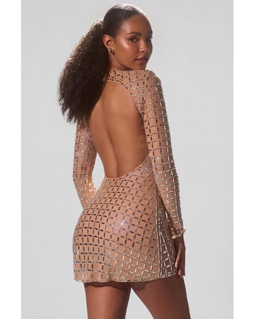 Oh Polly Natural Embellished Semi-Sheer Cut-Out Mini Dress