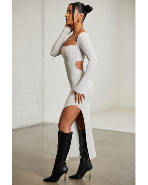 Oh Polly Gray Long Sleeve Cut Out Maxi Dress