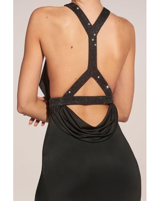 Oh Polly Black Cowl-Neck Thigh-High Gown