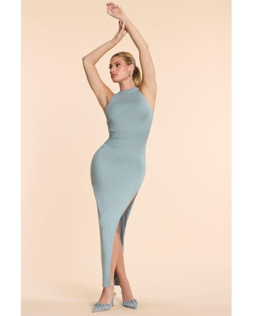 Oh Polly Blue High Neck Racerback Ruched Modal Cashmere Blend Maxi Dress