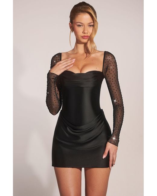 Oh Polly Black Embellished Long-Sleeve Draped Mini Dress