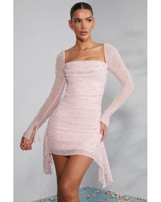 Oh Polly Pink Long Sleeve Embellished Cowl Neck Mini Dress