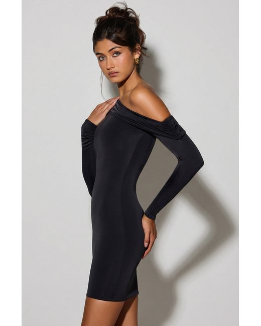 Oh Polly Black Off-Shoulder Ruched Mini Dress