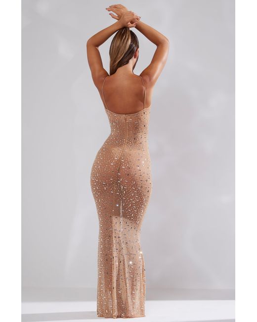 Oh Polly Natural Sheer Embellished Scoop Neck Evening Gown