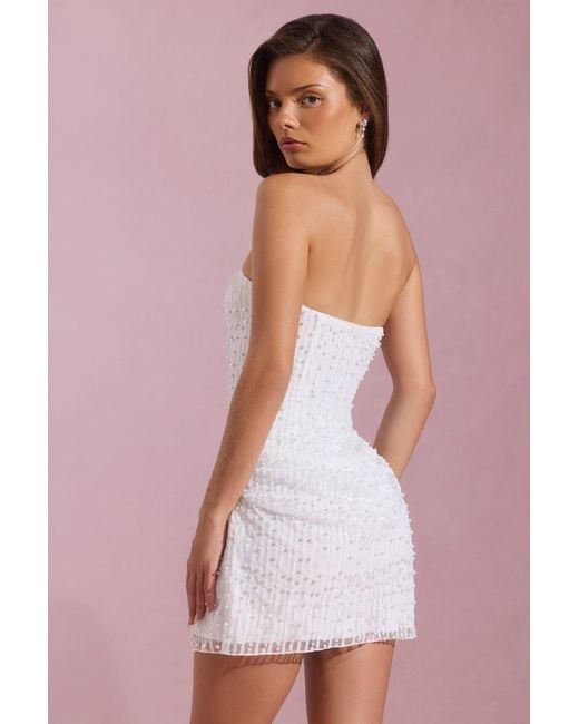 Oh Polly White Embellished Draped Strapless A-Line Mini Dress
