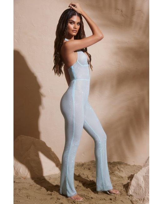 Oh Polly Blue Embellished Plunge Neck Jumpsuit