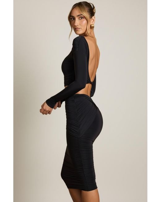 Oh Polly Black Cut-Out Draped High-Rise Midi Skirt