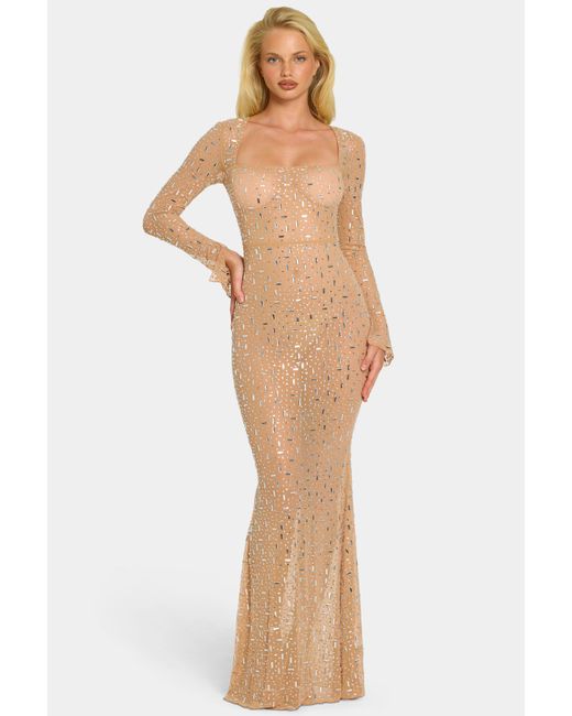 Oh Polly Natural Sheer Embellished Long Sleeve Evening Gown