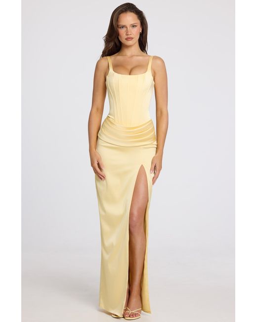 Oh Polly Yellow Corseted Thigh-High Split Maxi Dress