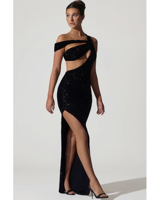 Oh Polly Black Embellished Asymmetric Cut-Out Gown