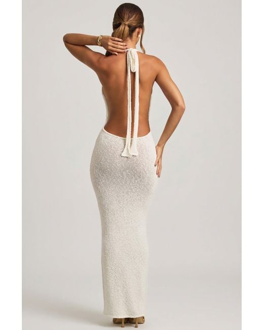 Oh Polly White Bouclé Halterneck Maxi Dress