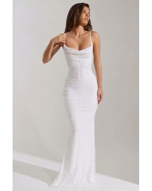 Oh Polly White Embellished Cowl-Neck Backless Maxi Dress