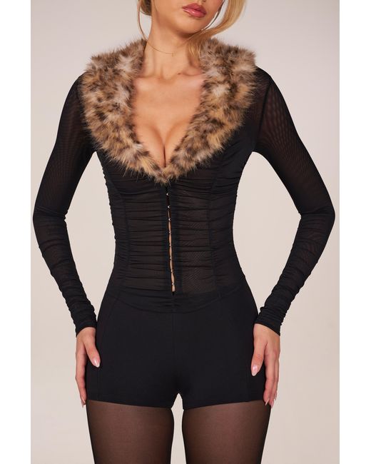 Oh Polly Black Faux Fur-Trim Playsuit