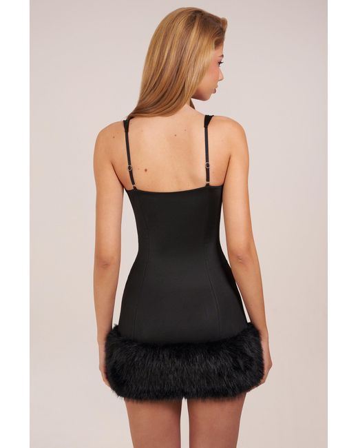 Oh Polly Black Satin Square-Neck Corset Faux-Fur Mini Dress