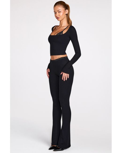 Oh Polly Black Modal Mid-Rise Flared Trousers