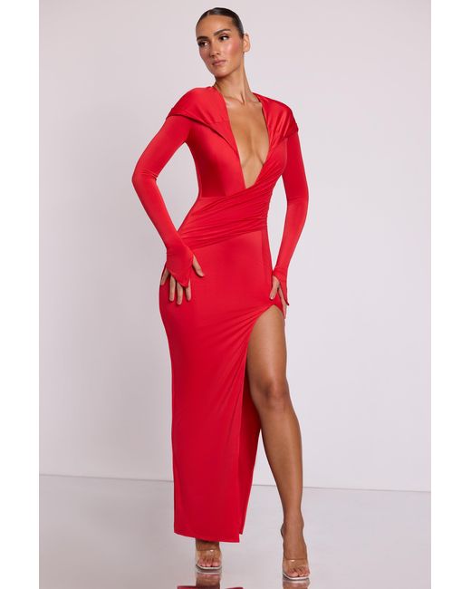 Oh Polly Red Hooded Long Sleeve Maxi Dress