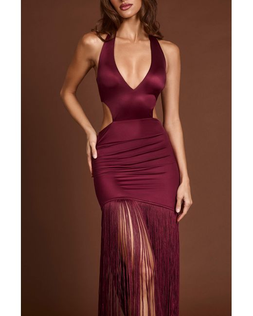Oh Polly Red Fringed Plunge-Neck Maxi Dress