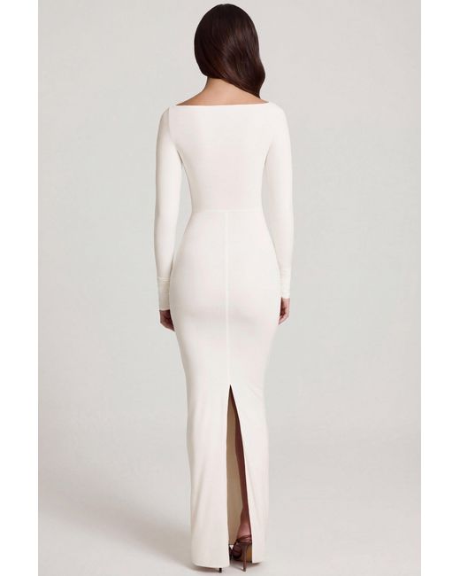 Oh Polly White Soft Jersey Boat-Neck Tie-Gather Maxi Dress