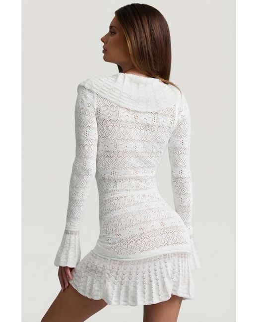 Oh Polly White Ruffle-Trim Pointelle-Knit Mini Dress