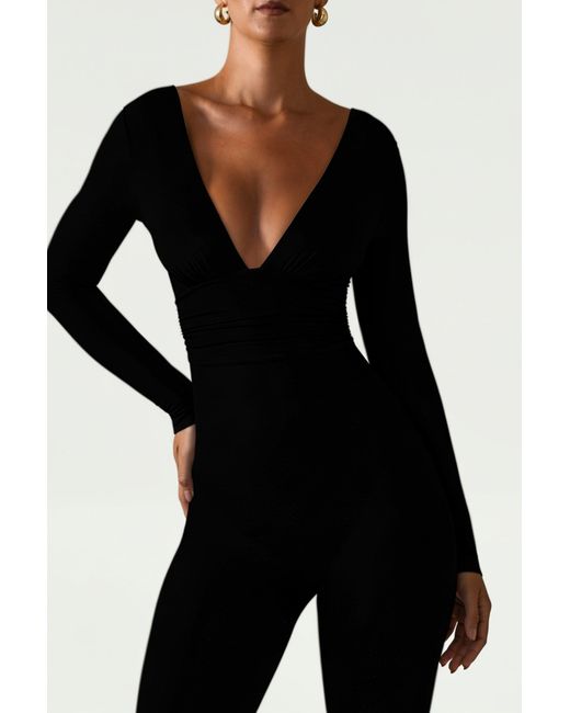 Oh Polly Black Modal Ruched Plunge Flared Jumpsuit
