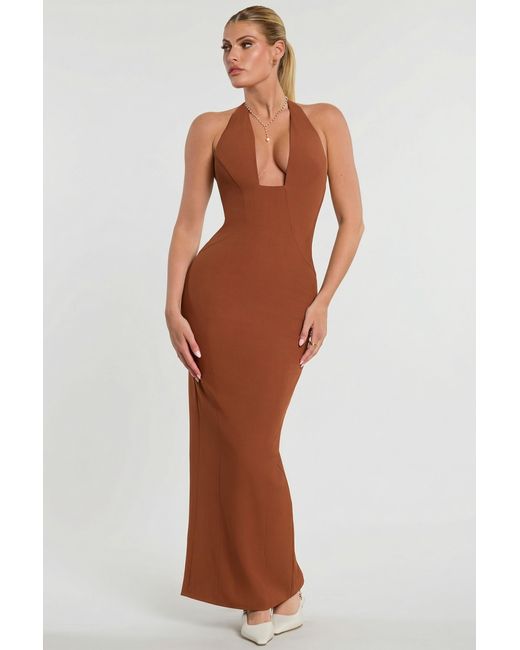 Oh Polly Brown Woven Twill Halter Neck Plunge Maxi Dress