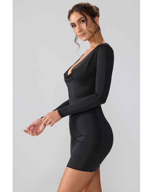 Oh Polly Black Slinky Jersey Long Sleeve Plunge Neck Mini Dress