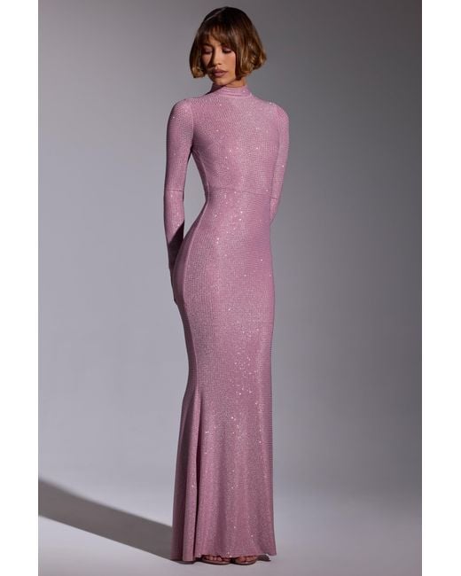 Oh Polly Pink Embellished Long Sleeve Evening Gown