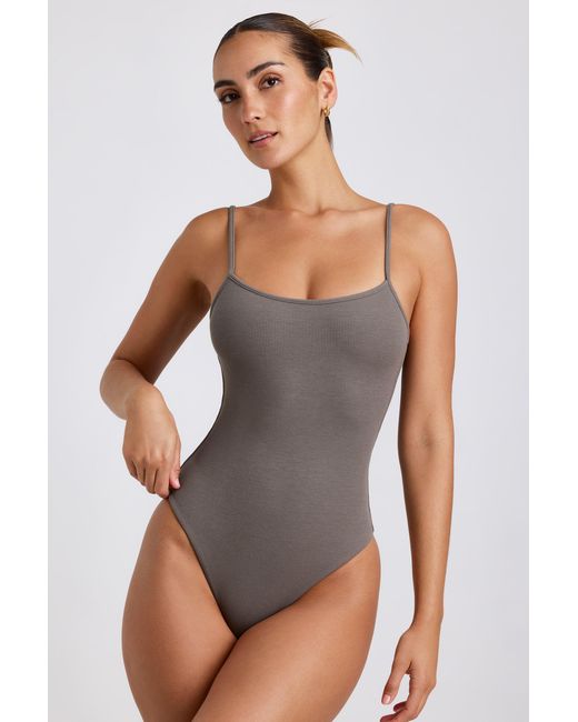 Oh Polly Gray Ribbed Modal Square Neck Bodysuit