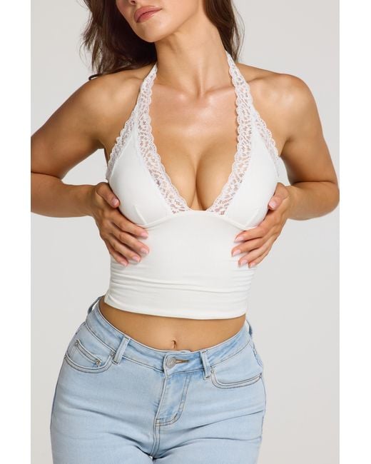 Oh Polly White Modal Lace-Trim Halterneck Top