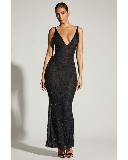 Oh Polly Black Embellished Plunge Neck Evening Gown