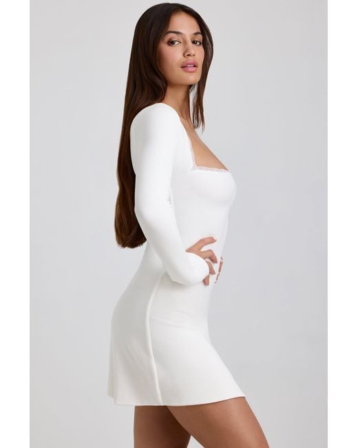 Oh Polly White Ribbed Modal Lace-Trim Mini Dress