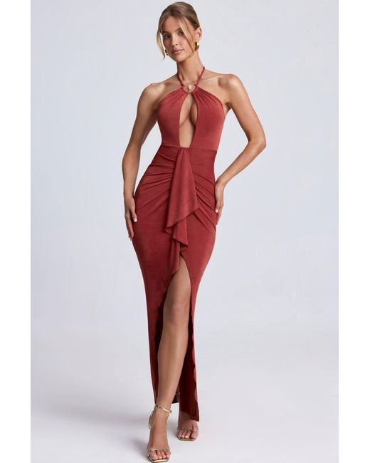 Oh Polly Brown Hardware Detail Cut-Out Halterneck Maxi Dress