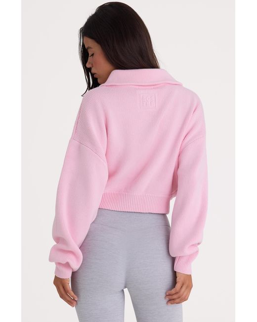 BO+TEE Pink Ribbed Knit Zip-Up Cropped Sweatshirt