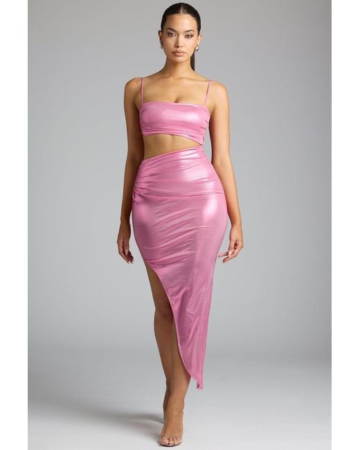 Oh Polly Pink Draped Metallic Jersey Maxi Dress