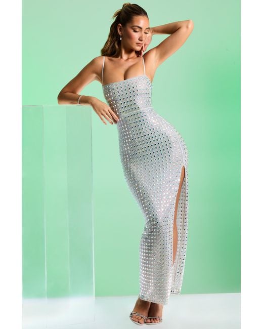 Oh Polly White Embellished Square Neck Thigh Split Gown