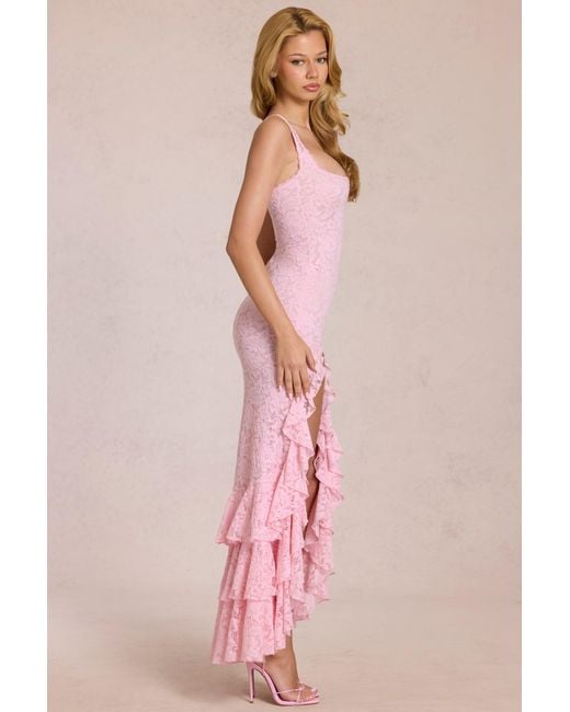 Oh Polly Pink Lace Ruffle Maxi Dress