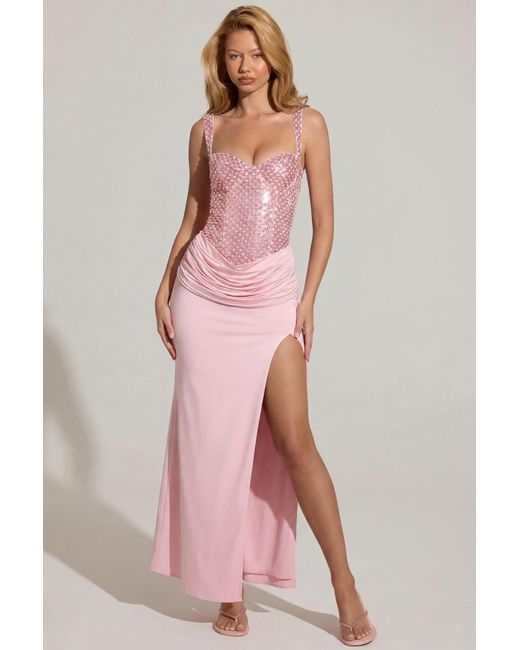 Oh Polly Pink Embellished Corset Maxi Dress