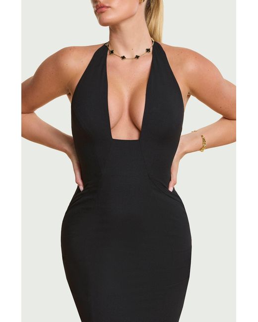 Oh Polly Black Woven Twill Halter Neck Plunge Maxi Dress